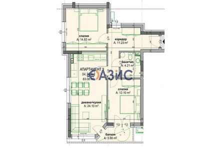 Квартира 3-комнатная 2+1 в Бургасе площадь 94.1м² 2 этаж