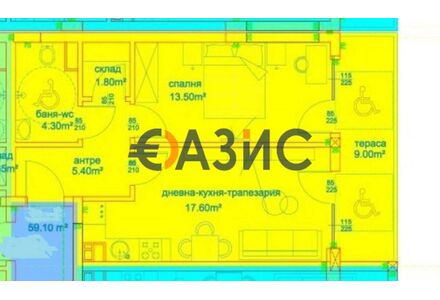 Квартира 2-комнатная 1+1 в Бургасе площадь 64.8м² 8 этаж