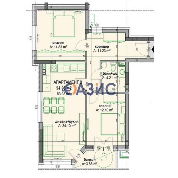 Квартира 3-комнатная 2+1 в Бургасе площадь 94.1м² 2 этаж, изображение 5