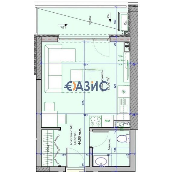 Квартира 1-комнатная в Бургасе площадь 44.1м² 2 этаж, изображение 3